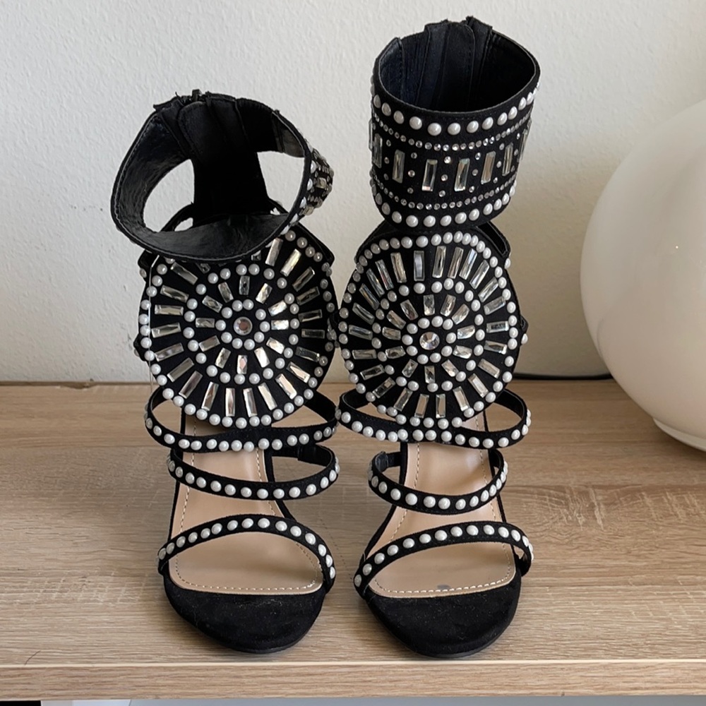 Elegant Black and Silver Embellished Heels